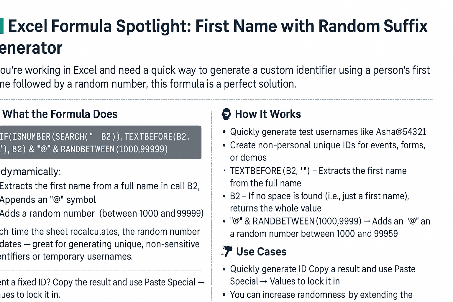π Excel Formula Spotlight: First Name with Random Suffix Generator